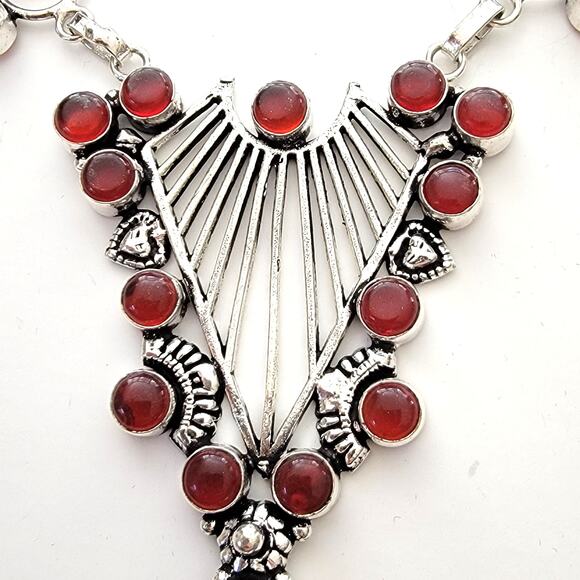 Intricate Red Simulated Gemstone Necklace - Sterling Silver Statement Jewelry - Picture 2 of 7